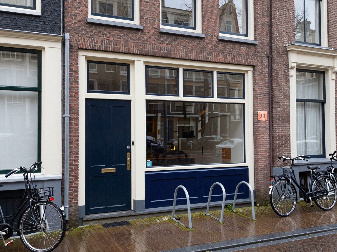 Studio facade on Haarlemmerweg with bike rack and dark door after rain.