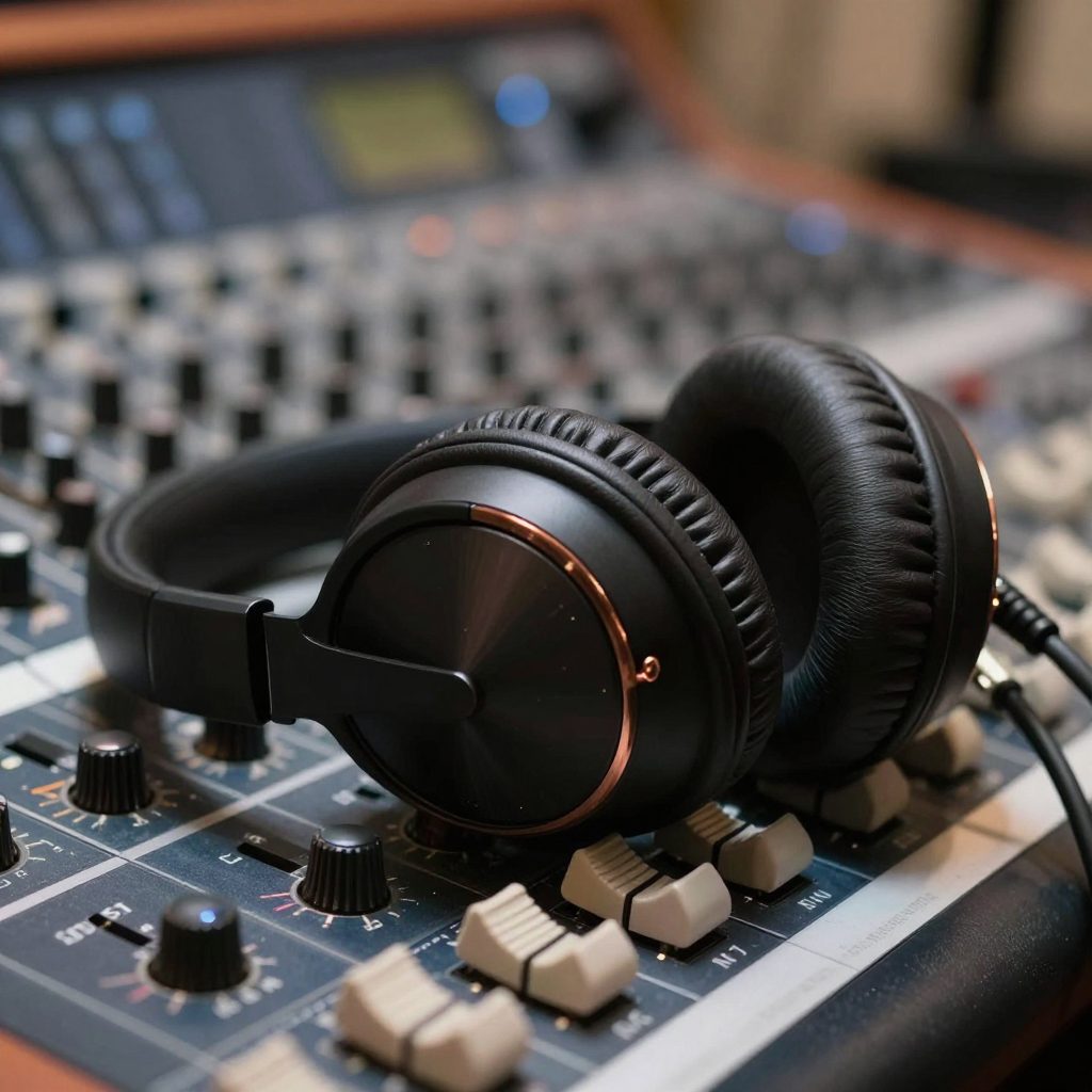 Close-up of studio headphones on indigo console with copper knob.