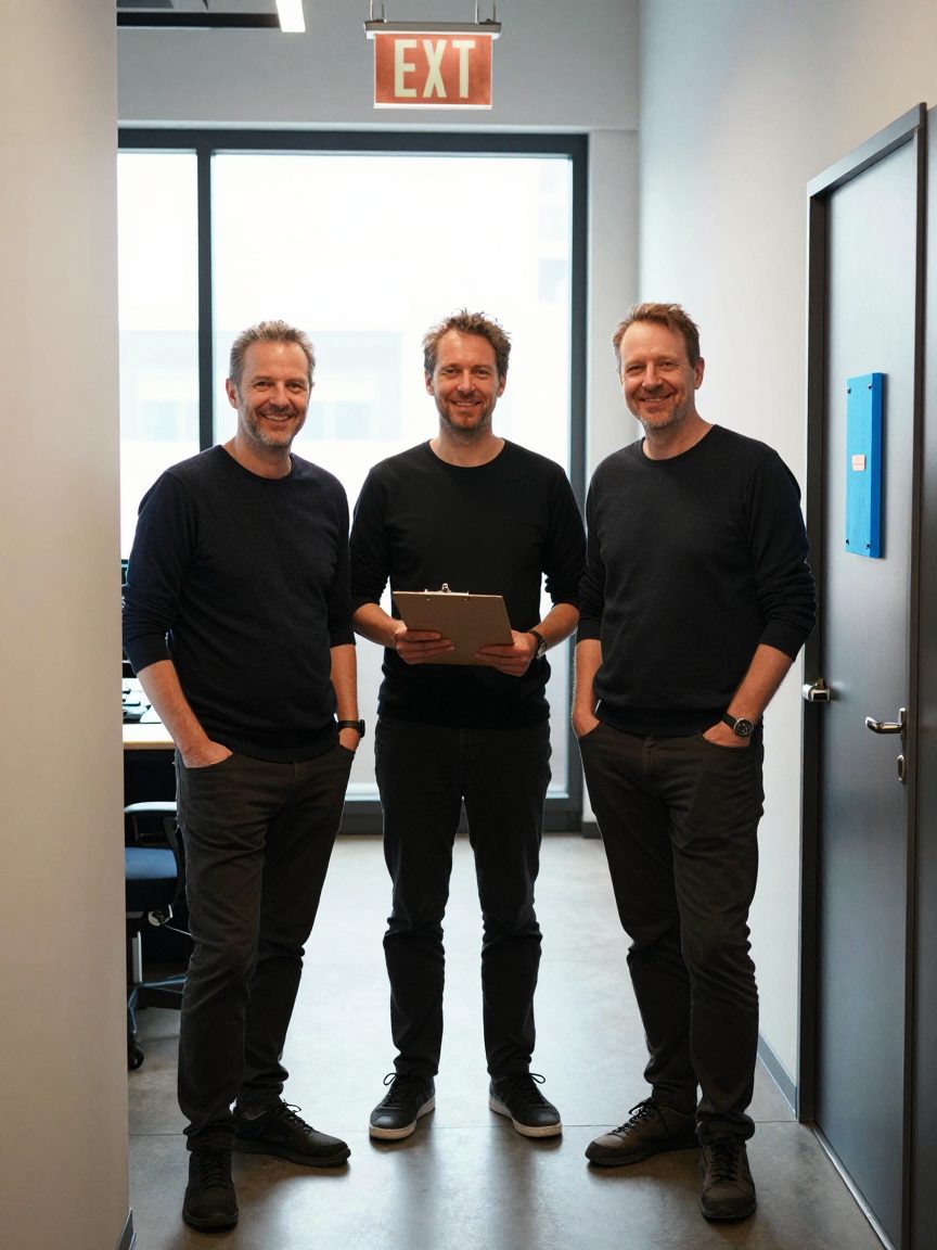 Three studio staff stand in hallway between control room and live room.